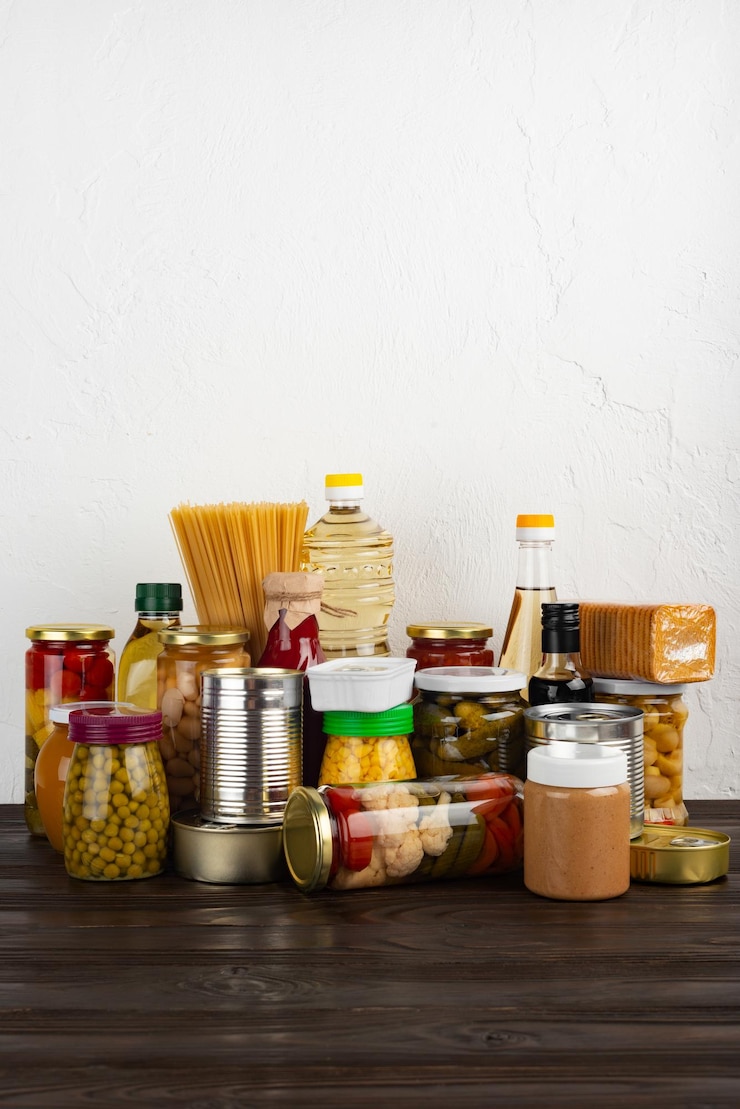 Foto alimentos de supervivencia de emergencia en la mesa de la cocina de madera oscura