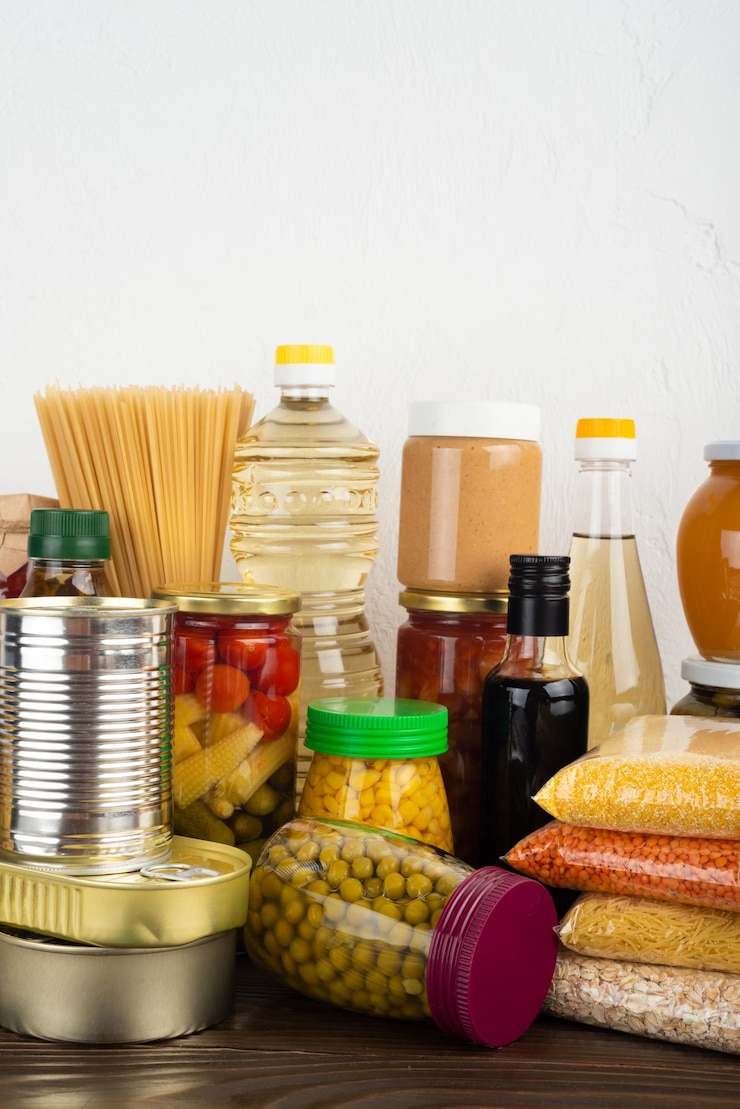 Foto alimentos de supervivencia de emergencia en la mesa de la cocina de madera oscura