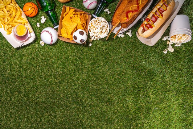 Alimentos tradicionales del estadio deportivo y fondo de cerveza.