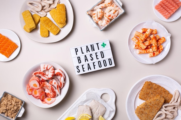 Foto alimentos veganos para peixes e frutos do mar que reduzem a pegada de carbono