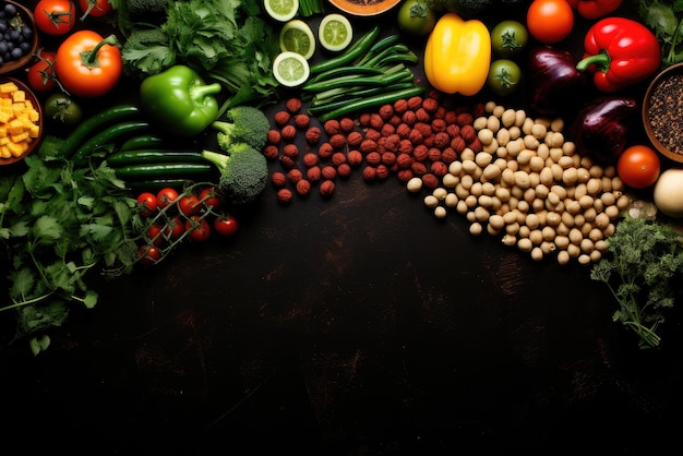 Alimentos veganos planos verdes brócolis tomates soja ou grão-de-bico pimentas Superalimentos em fundo preto com espaço de cópia