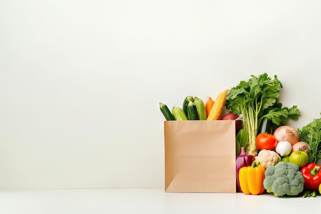 Alimentos veganos y vegetarianos saludables en una bolsa de papel blanco con frutas y verduras