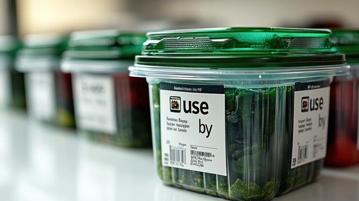 Alimentos verdes en envases de plástico con uso por etiquetas