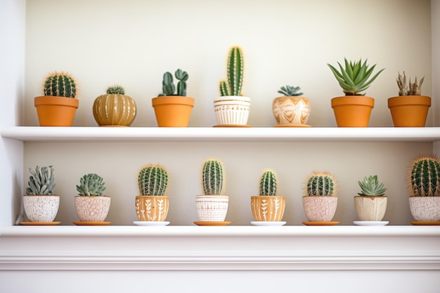 Alineación de cactus en macetas en fila en el estante