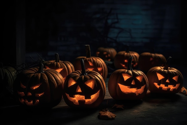 Alineación de Jackolanterns parpadeantes que proyectan un resplandor espeluznante sobre un fondo sombrío IA generativa