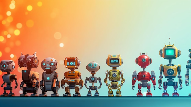 Una alineación de ocho robots diversos en un horizonte contra un fondo bokeh suave con tonos cálidos cada uno