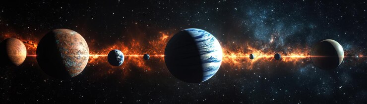 Alineación planetaria de armonía cósmica en el cielo estrellado nocturno con el espacio de copia