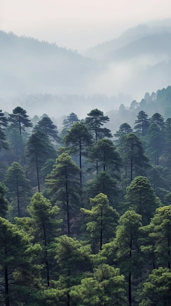 Alinhado verticalmente Bela paisagem montanhosa enevoada com pinheiro