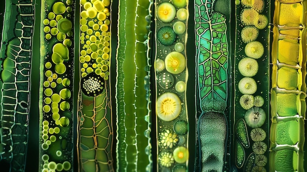 Alinhados em uma fila arrumada, uma série de slides mostra as intrincadas estruturas de várias células vegetais
