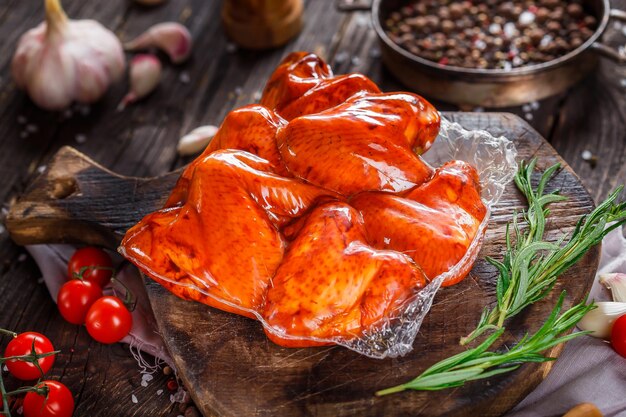 alitas de pollo ahumadas en un paquete de plástico, especias, verduras en una tabla de cortar de cocina, oscuras