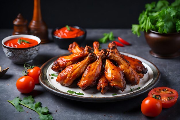 Alitas de pollo al horno al estilo asiático y salsa de tomate en un plato