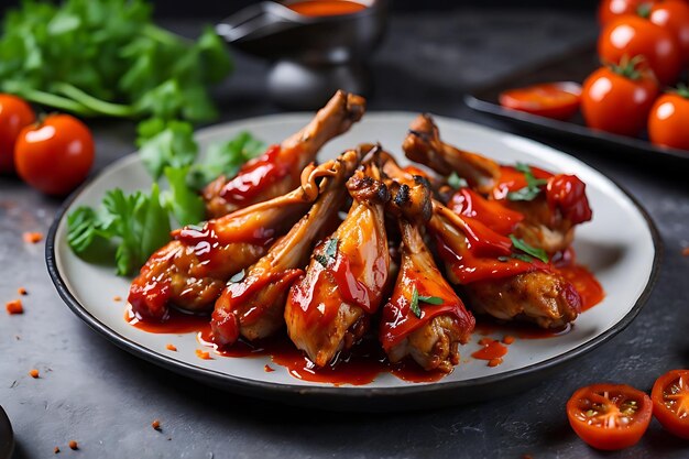 Alitas de pollo al horno al estilo asiático y salsa de tomate en un plato