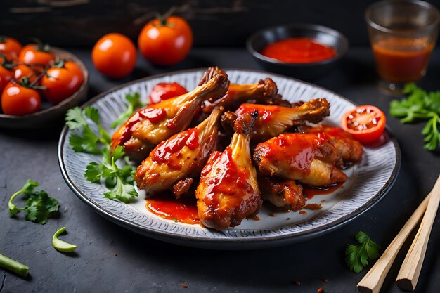 Alitas de pollo al horno al estilo asiático y salsa de tomate en un plato