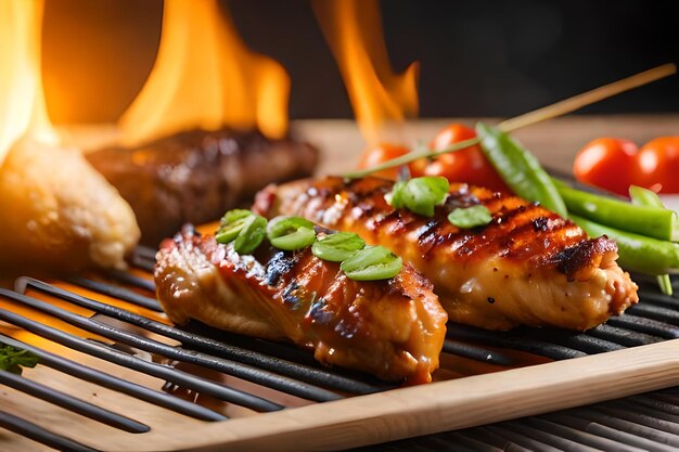 Alitas de pollo asadas a la brasa con verduras asadas en salsa barbacoa con pimienta