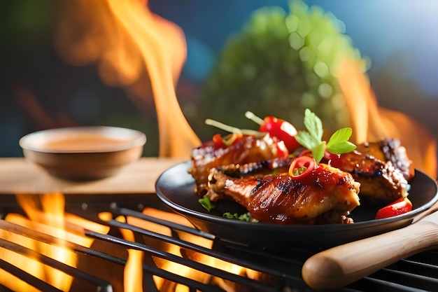 Alitas de pollo asadas a la brasa con verduras asadas en salsa barbacoa con pimienta