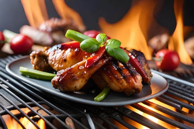 Alitas de pollo asadas a la brasa con verduras asadas en salsa barbacoa con pimienta