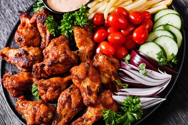 Alitas de pollo asado con patatas fritas y verduras