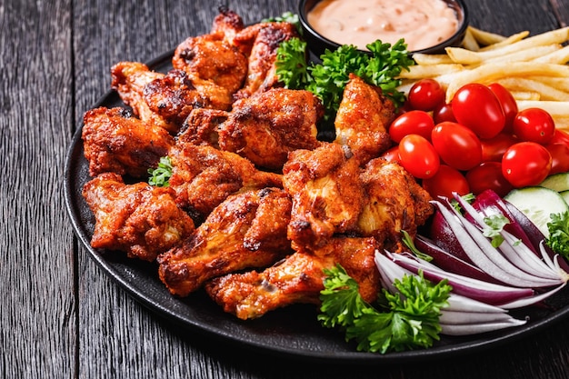 Alitas de pollo asado con patatas fritas y verduras