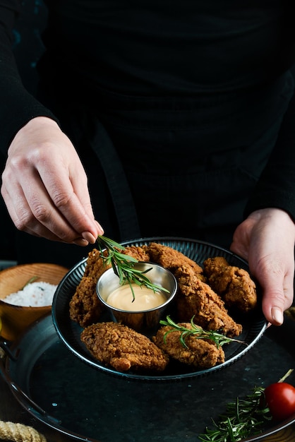 Alitas de pollo de búfalo al horno en un plato en manos de un chef sobre un fondo negro