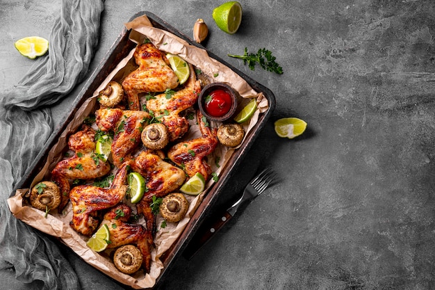 Alitas de pollo caseras al horno con champiñones y limón, vista superior, espacio para copiar texto. Foto de alta calidad