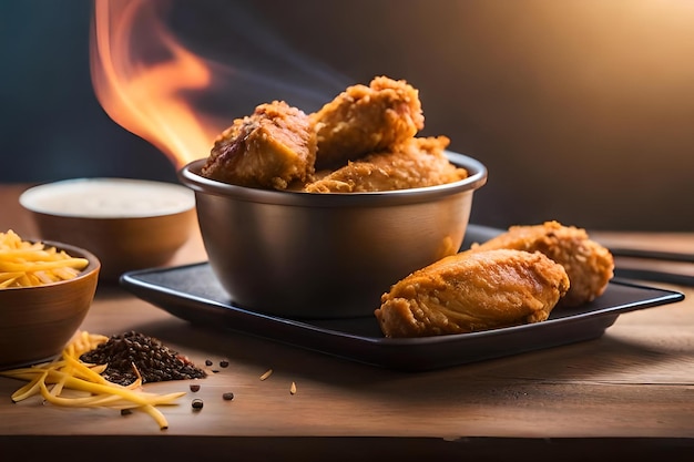 Alitas de pollo cocinando en una bandeja con una taza de café.