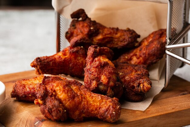 Alitas de pollo fritas cubiertas con verdadera salsa barbacoa caliente servidas con salsa picante roja sobre una tabla de cortar sobre fondo de mármol