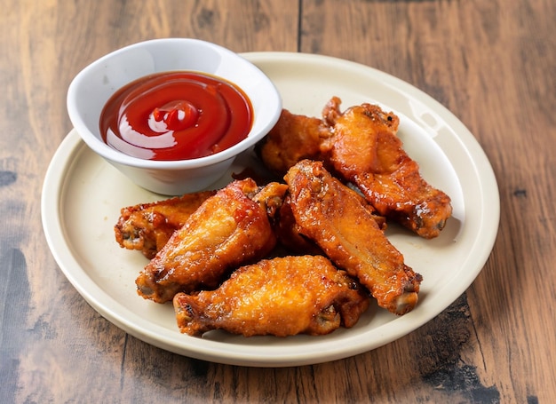 Alitas de pollo fritas con salsa de tomate en una mesa de madera ai generativo