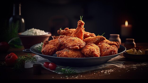 alitas de pollo frito en placa de madera rústica