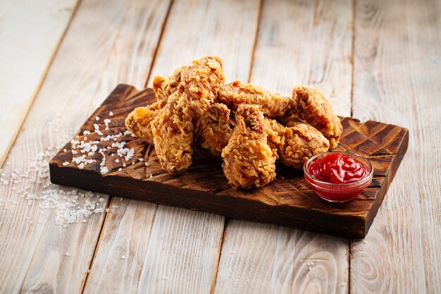 Alitas de pollo frito con salsa de tomate sobre tabla de madera