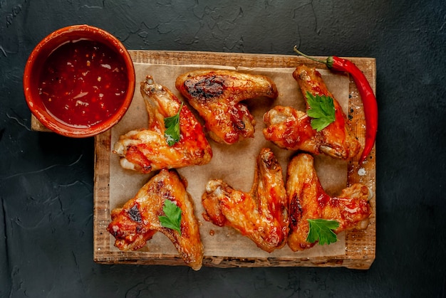 Alitas de pollo a la parrilla en salsa de barbacoa con perejil sobre una tabla para cortar sobre una mesa de hormigón. Vista superior . con espacio de copia para su texto