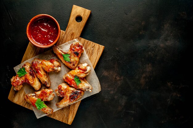 Alitas de pollo a la parrilla en salsa de barbacoa con perejil sobre una tabla para cortar sobre una mesa de hormigón. Vista superior . con espacio de copia para su texto