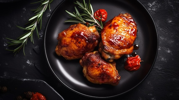 Alitas de pollo picantes a la parrilla con ketchup en un plato negro IA generativa