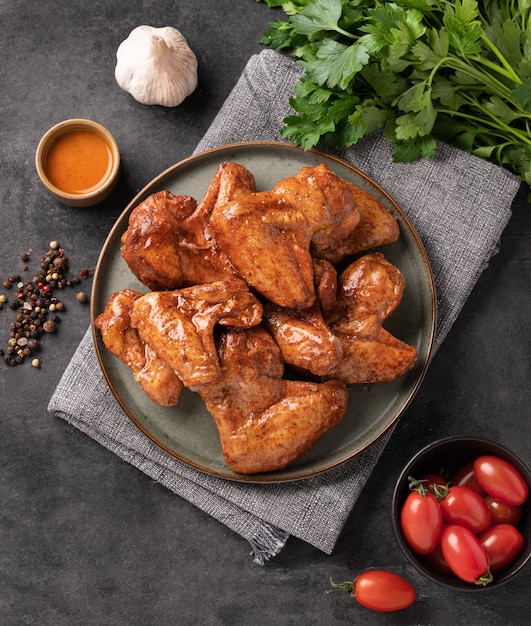 Alitas de pollo picantes a la parrilla con salsa en un plato con tomate y hierbas sobre un fondo oscuro de pizarra o hormigón