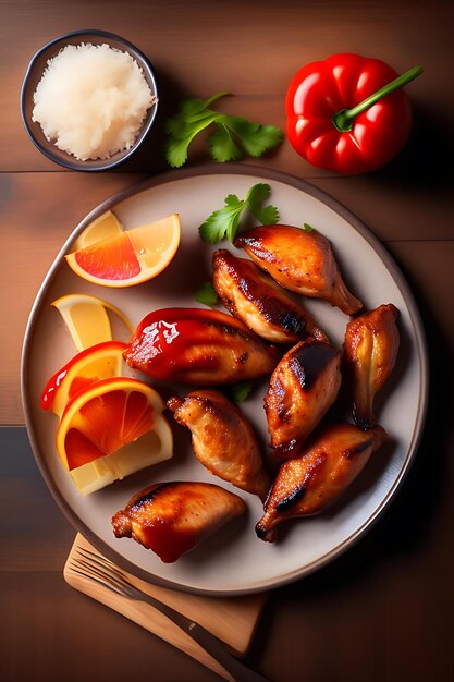 Alitas de pollo picantes a la parrilla con salsa de tomate en un plato sobre una mesa de madera Alitas de pollo a la barbacoa Vista superior