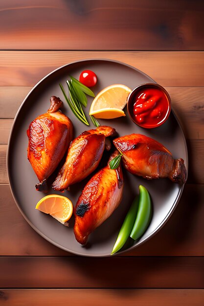 Alitas de pollo picantes a la parrilla con salsa de tomate en un plato sobre una mesa de madera Alitas de pollo a la barbacoa Vista superior