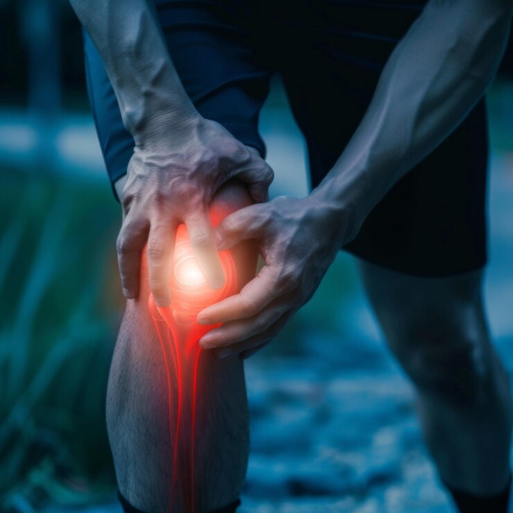 Alivio del dolor Anuncio de cerca de un hombre sosteniendo una rodilla roja brillante para comodidad y alivio