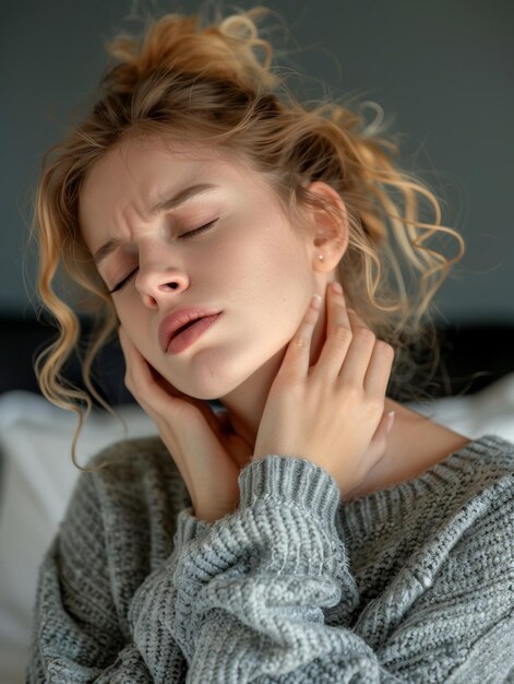 Foto alivio de la incomodidad una joven masajeando su dolor de cuello ia generativa