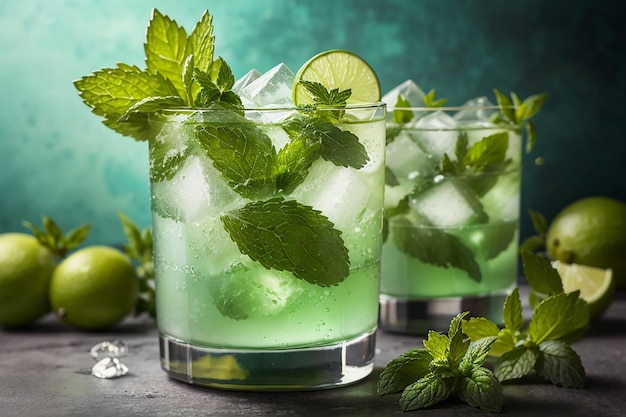 Alkohol-Mojito-Cocktail mit isolierter frischer Minze