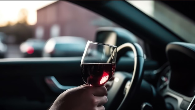 Alkohol trinken während der Fahrt betrunkener Fahrer mit einem Glas Wein generative ai