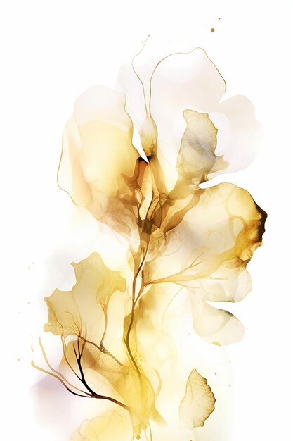 Foto alkoholfarbenkunst mit hellgoldenem botanischem blatt und blumen für einladungspapier generative ki