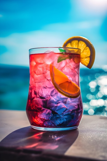 Alkoholfreier Sommercocktail mit Strand und Meer im Hintergrund Sommerliches Erfrischungsgetränk-Konzept Generierte KI