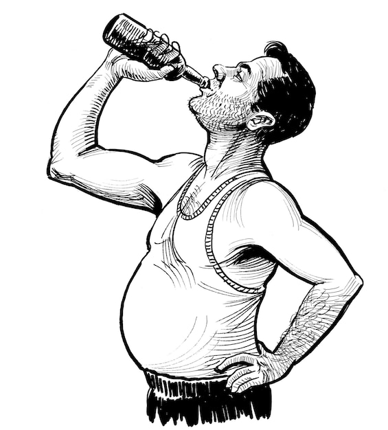 Alkoholiker, der eine Flasche Bier trinkt. Tinte Schwarz-Weiß-Zeichnung