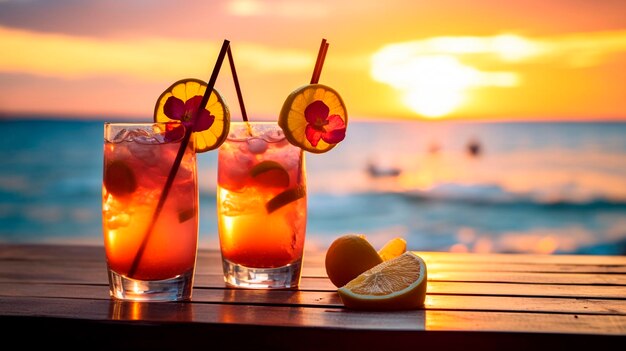 alkoholische Cocktails vor dem Hintergrund des Sonnenuntergangsstrandes