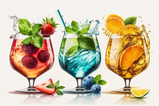 alkoholische fruchtige cocktails des sommers lokalisiert auf weiß