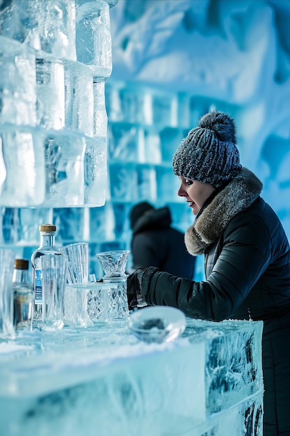 Alkoholische Getränke auf Eis in einer Bar mit Winterthemen