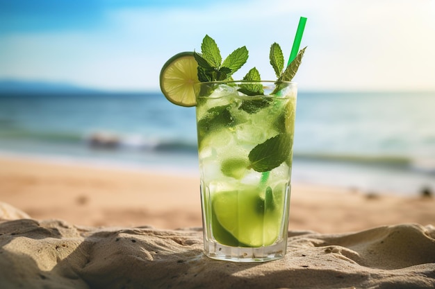 Alkoholischer Mojito mit Eis und Minze auf Strandsand