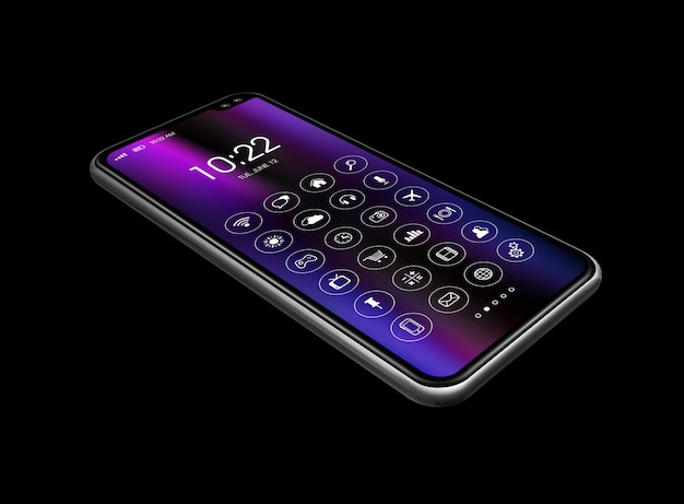 All-Screen-Smartphone mit Symbol auf schwarz isoliert. 3D-Rendering