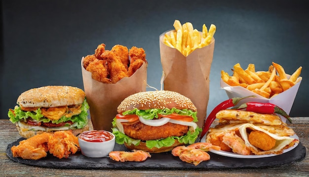 Alle Fast-Food-Kollektionen sind auf schwarzem Hintergrund isoliert.