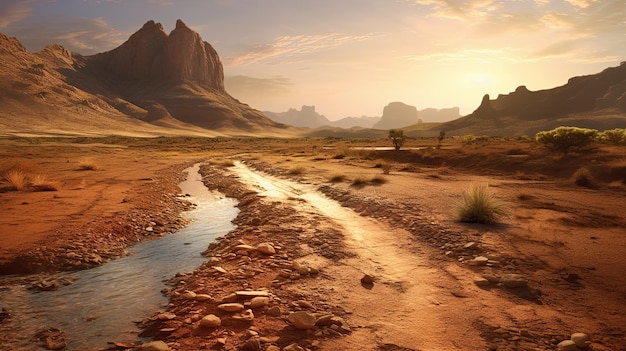 Allegorie über den Klimawandel Eine unbefestigte Straße und ein ausgetrockneter Fluss in der Wüste in der Nähe eines Berges im Stil von Cracked Generative AI