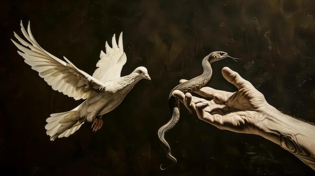 Allegorisches Gemälde einer Taube, einer Schlange und einer menschlichen Hand